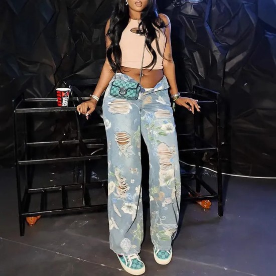 Women Fashion Casual Floral Graffiti Print Ripped High Waist Loose Straight Jeans