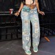 Women Fashion Casual Floral Graffiti Print Ripped High Waist Loose Straight Jeans