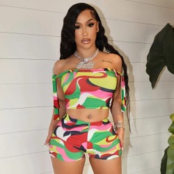 Women Sexy Multicolor Print Off-Shoulder Top And Shorts Two-Piece Set