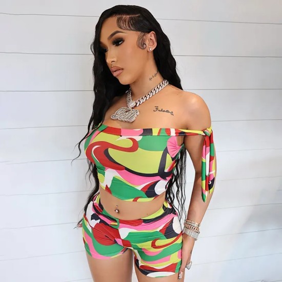 Women Sexy Multicolor Print Off-Shoulder Top And Shorts Two-Piece Set