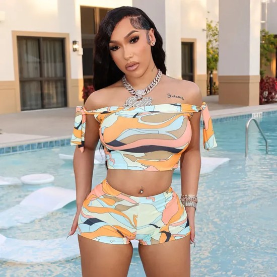 Women Sexy Multicolor Print Off-Shoulder Top And Shorts Two-Piece Set