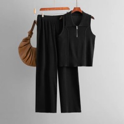 Women Fashion Casual Solid Color Lapel Sleeveless Zipper Tank Top High Waist Pants Two-Piece Set