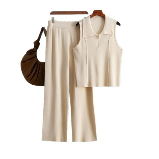 Women Fashion Casual Solid Color Lapel Sleeveless Zipper Tank Top High Waist Pants Two-Piece Set