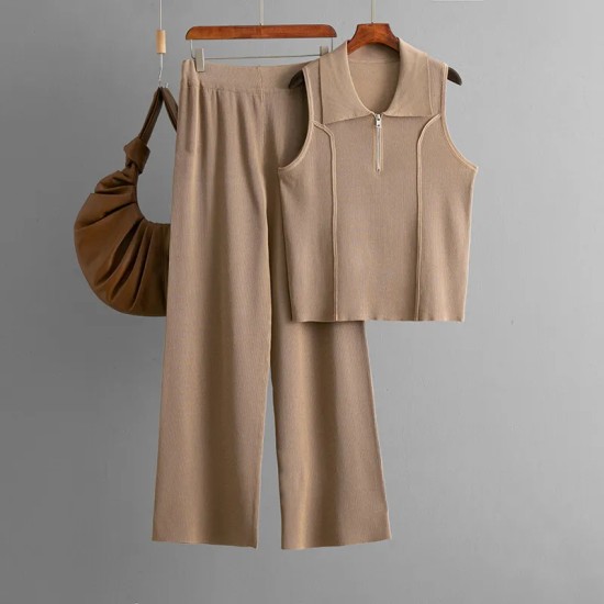 Women Fashion Casual Solid Color Lapel Sleeveless Zipper Tank Top High Waist Pants Two-Piece Set