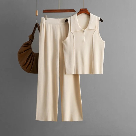 Women Fashion Casual Solid Color Lapel Sleeveless Zipper Tank Top High Waist Pants Two-Piece Set