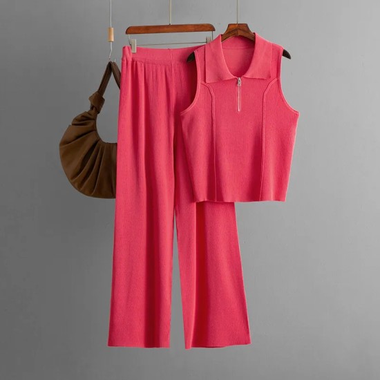 Women Fashion Casual Solid Color Lapel Sleeveless Zipper Tank Top High Waist Pants Two-Piece Set