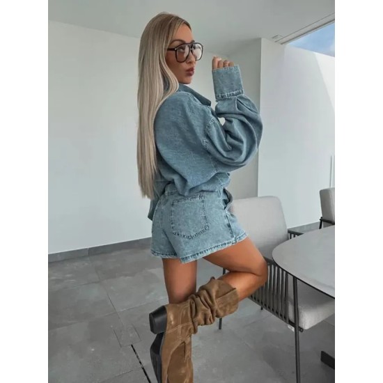 Women Fashion Casual Lapel Long-Sleeve Denim Coat Irregular Skirts Two-Piece Set