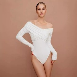 Spring And Autumn Women Off Shoulder V-Neck Pleated Long-Sleeved Bodysuit
