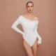 Spring And Autumn Women Off Shoulder V-Neck Pleated Long-Sleeved Bodysuit