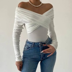 Spring And Autumn Women Off Shoulder V-Neck Pleated Long-Sleeved Bodysuit