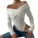 Spring And Autumn Women Off Shoulder V-Neck Pleated Long-Sleeved Bodysuit