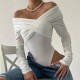 Spring And Autumn Women Off Shoulder V-Neck Pleated Long-Sleeved Bodysuit