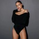 Spring And Autumn Women Off Shoulder V-Neck Pleated Long-Sleeved Bodysuit
