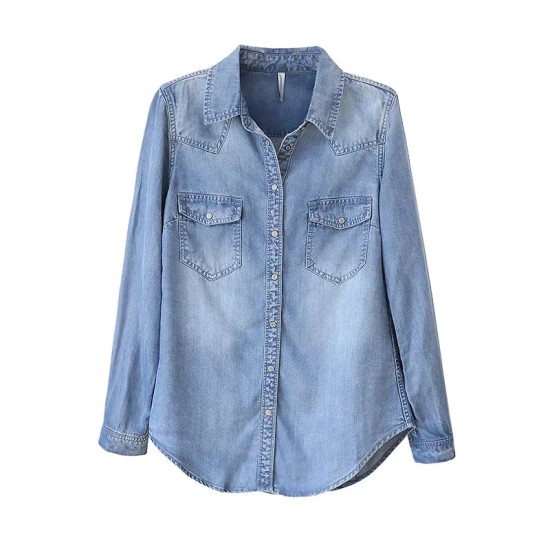 Women Fashion Casual Lapel Long-Sleeve Thin Loose Denim Coat
