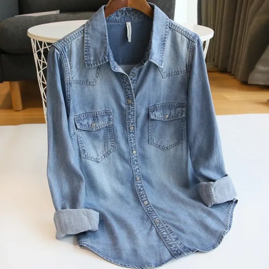 Women Fashion Casual Lapel Long-Sleeve Thin Loose Denim Coat