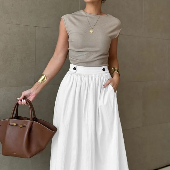 Women Fashion Casual Solid Color Cotton Linen Skirt