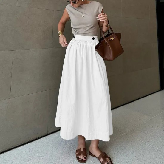 Women Fashion Casual Solid Color Cotton Linen Skirt