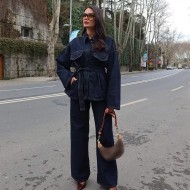 Women Fashion Casual Denim Lapel Long-Sleeve Lace-Up Coat Loose Jeans Two-Piece Set