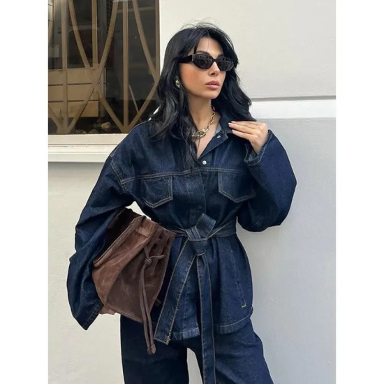 Women Fashion Casual Denim Lapel Long-Sleeve Lace-Up Coat Loose Jeans Two-Piece Set