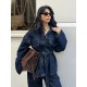 Women Fashion Casual Denim Lapel Long-Sleeve Lace-Up Coat Loose Jeans Two-Piece Set