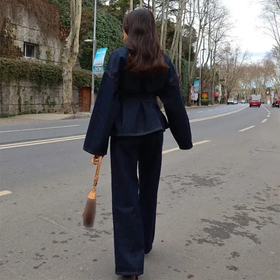 Women Fashion Casual Denim Lapel Long-Sleeve Lace-Up Coat Loose Jeans Two-Piece Set