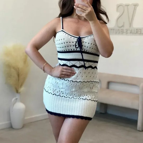Women Fashion Sexy Stripe Hollow-Out Spaghetti Strap Slim-Fit Dress