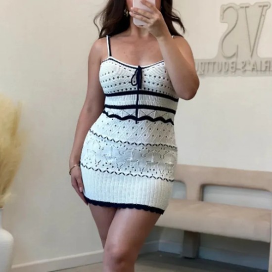 Women Fashion Sexy Stripe Hollow-Out Spaghetti Strap Slim-Fit Dress