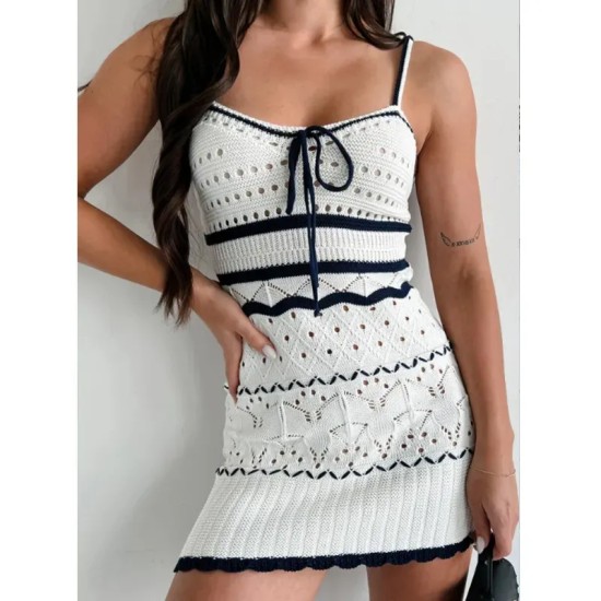 Women Fashion Sexy Stripe Hollow-Out Spaghetti Strap Slim-Fit Dress