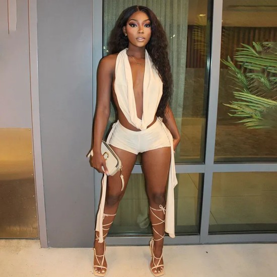 women fashion sexy solid color Sleeveless Backless crop Top Tight Shorts Two-Piece Set