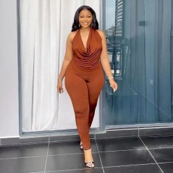 Women Sexy Solid Color Halter-Neck Backless Tank Top Tight Pants Two-Piece Set