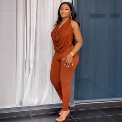 Women Sexy Solid Color Halter-Neck Backless Tank Top Tight Pants Two-Piece Set