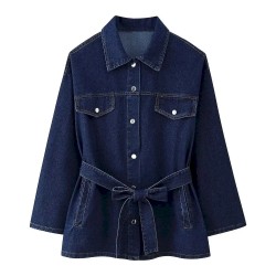 Women Fashion Casual Denim Lapel Long Sleeve Coat High Waist Jeans Two-Piece Set