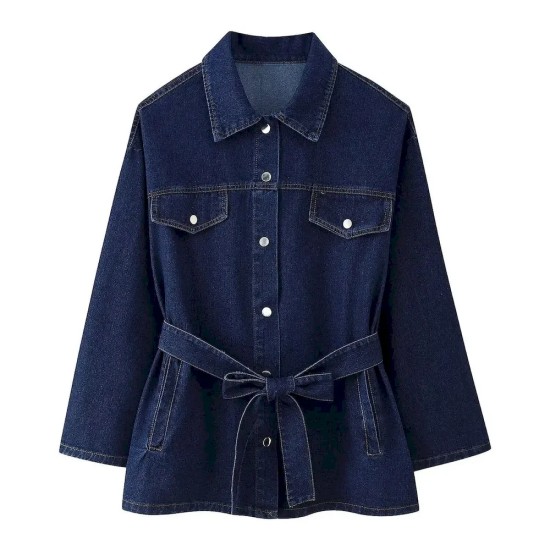 Women Fashion Casual Denim Lapel Long Sleeve Coat High Waist Jeans Two-Piece Set