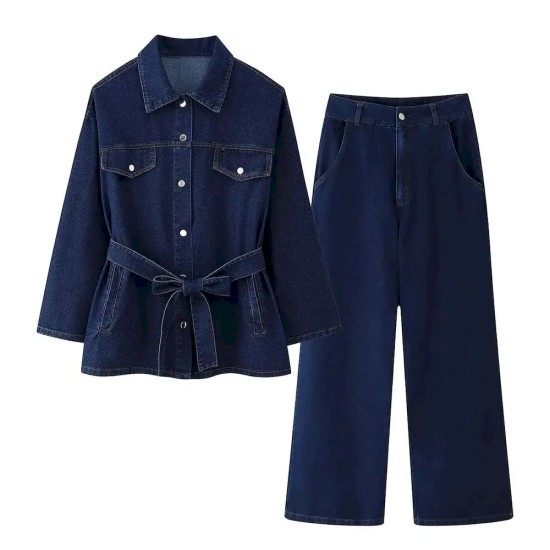 Women Fashion Casual Denim Lapel Long Sleeve Coat High Waist Jeans Two-Piece Set