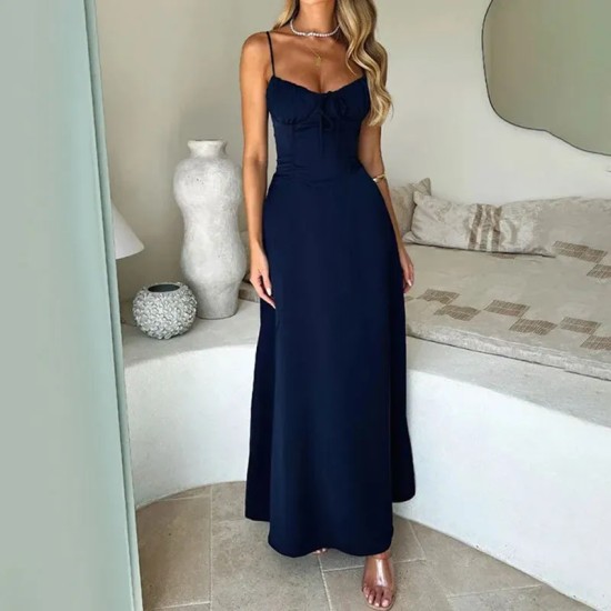 Women Elegant Lace-Up Solid Color Maxi Dress