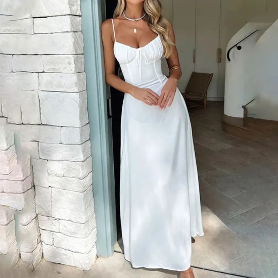Women Elegant Lace-Up Solid Color Maxi Dress