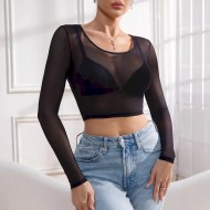 Women Sexy See-Through Slim-Fit Long-Sleeved Mesh Crop Top
