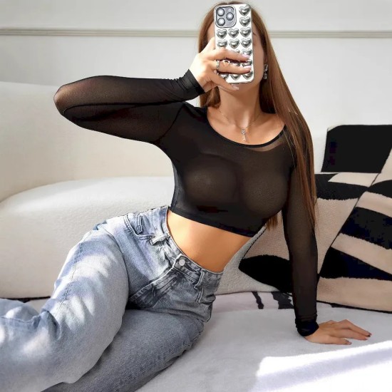 Women Sexy See-Through Slim-Fit Long-Sleeved Mesh Crop Top