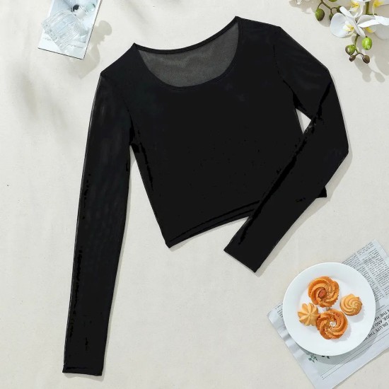 Women Sexy See-Through Slim-Fit Long-Sleeved Mesh Crop Top