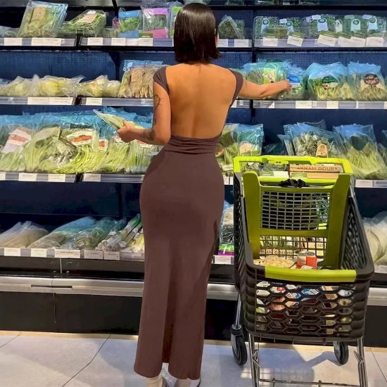 Sexy Women Solid Color Backless Short Sleeve Round Neck Slim Dress