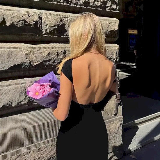 Sexy Women Solid Color Backless Short Sleeve Round Neck Slim Dress