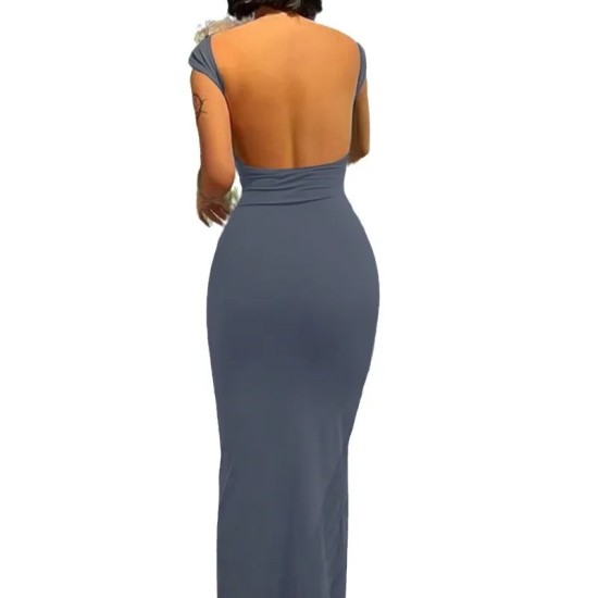 Sexy Women Solid Color Backless Short Sleeve Round Neck Slim Dress