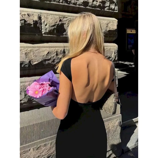 Sexy Women Solid Color Backless Short Sleeve Round Neck Slim Dress