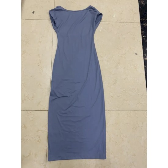 Sexy Women Solid Color Backless Short Sleeve Round Neck Slim Dress