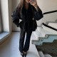 Women Fashion Casual Solid Color Denim Lapel Long Sleeve Coat Loose Jeans Two-Piece Set