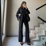 Women Fashion Casual Solid Color Denim Lapel Long Sleeve Coat Loose Jeans Two-Piece Set