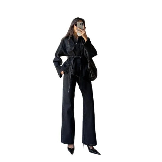 Women Fashion Casual Solid Color Denim Lapel Long Sleeve Coat Loose Jeans Two-Piece Set