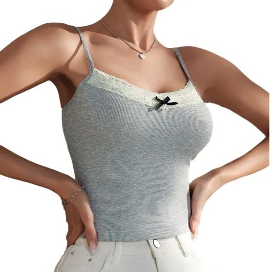 Women Round Neck Solid Color Simple Lace Camis