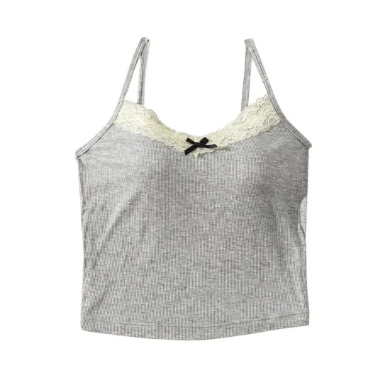 Women Round Neck Solid Color Simple Lace Camis