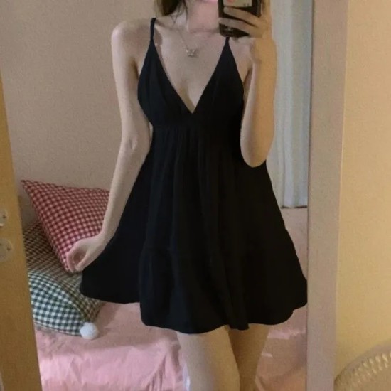 Fashion Cool Vacation Summer Elegant Women Solid Color Spaghetti Strap Swing Sling Dress